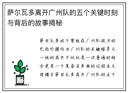 萨尔瓦多离开广州队的五个关键时刻与背后的故事揭秘