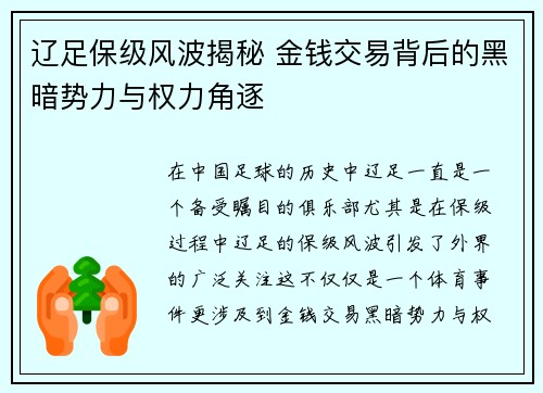 辽足保级风波揭秘 金钱交易背后的黑暗势力与权力角逐